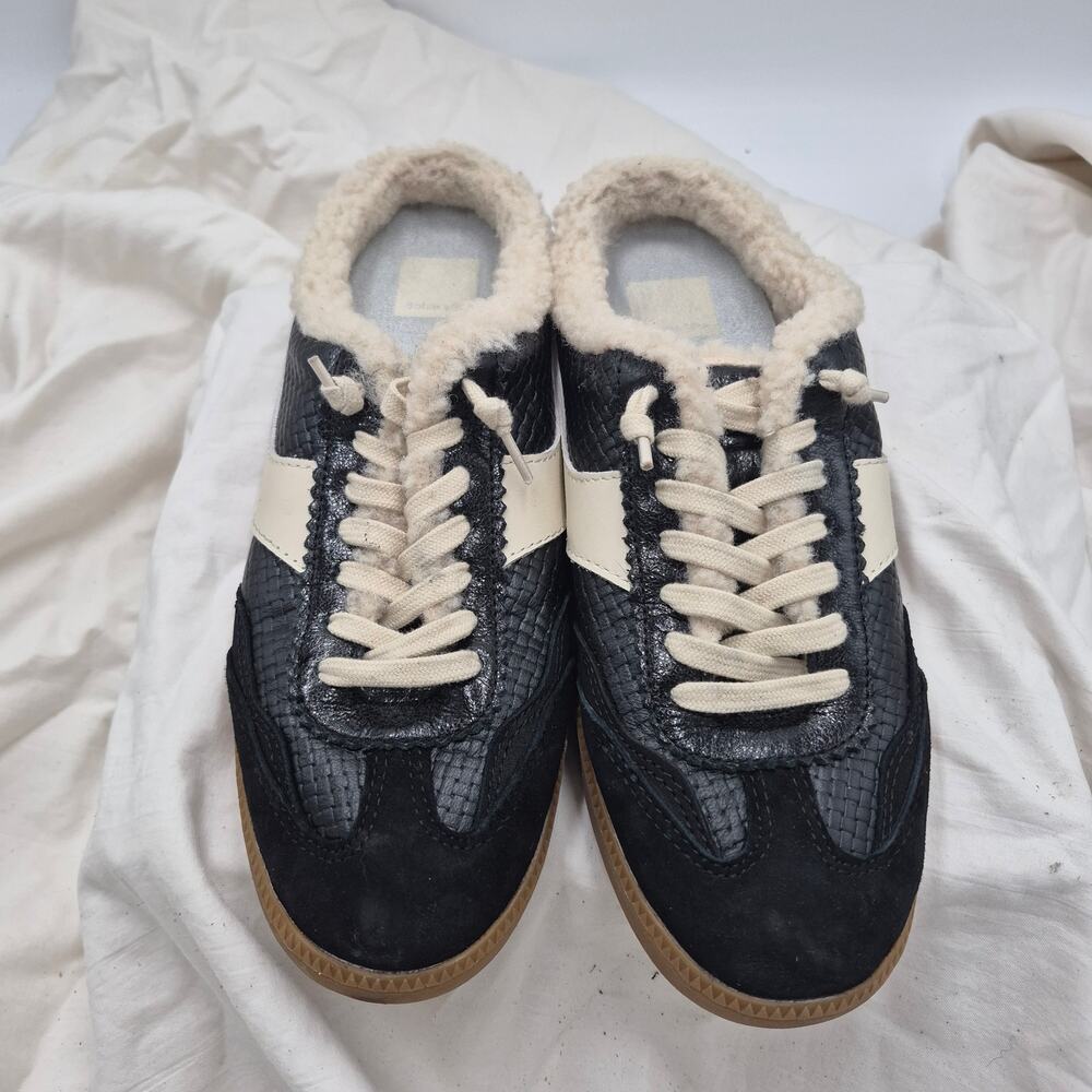 Dolce Vita Notice Slide Plush Sneakers black leather faux shearling Women SZ 8.5